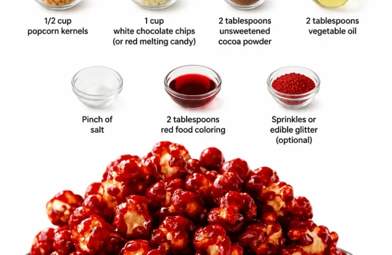 Bloody Red Velvet Popcorn in a decorative bowl, a festive snack for celebrations.