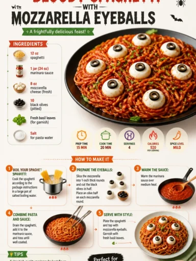 Bloody Spaghetti topped with Mozzarella Eyeballs for a spooky Halloween dish