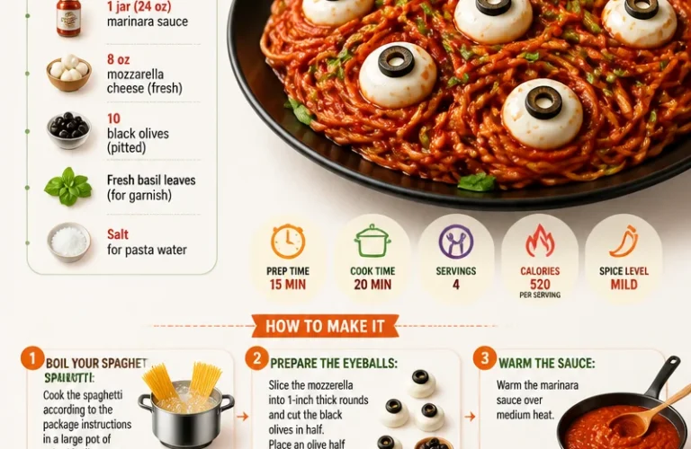 Bloody Spaghetti topped with Mozzarella Eyeballs for a spooky Halloween dish