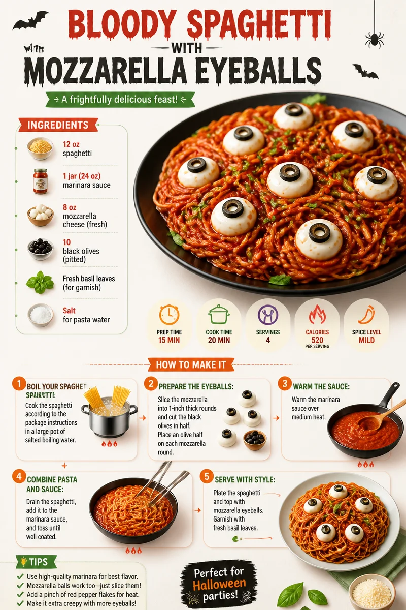 Bloody Spaghetti topped with Mozzarella Eyeballs for a spooky Halloween dish