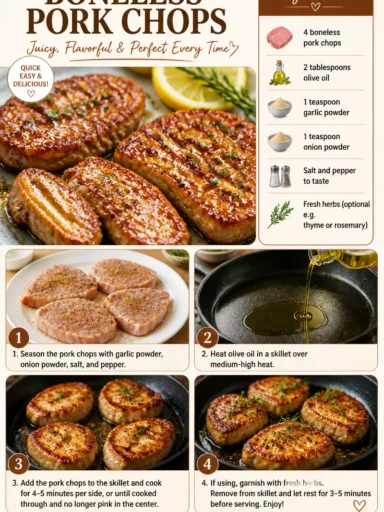 Juicy boneless pork chops on a plate, garnished with herbs