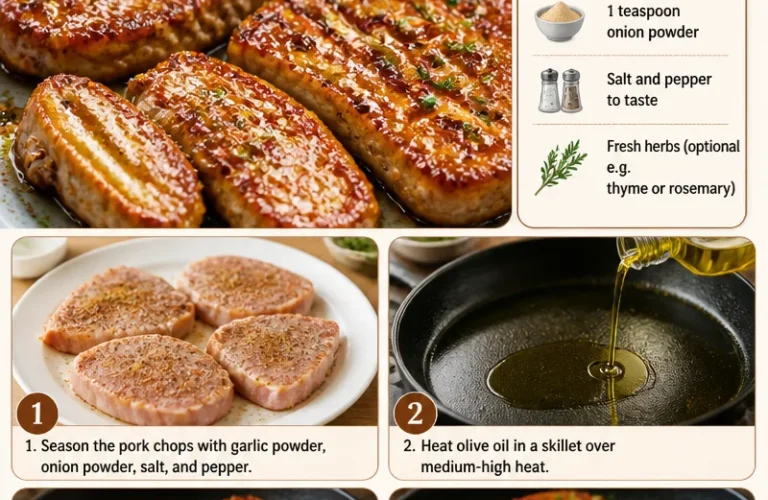 Juicy boneless pork chops on a plate, garnished with herbs