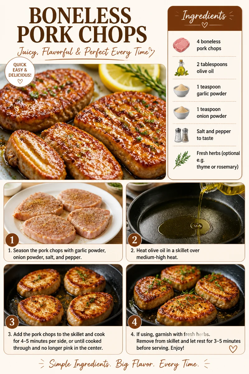 Juicy boneless pork chops on a plate, garnished with herbs