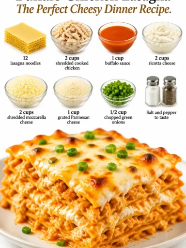 Delicious Buffalo Chicken Lasagna topped with cheese, garnished with green onions.