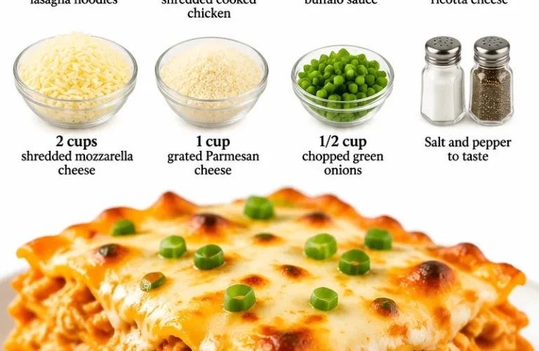Delicious Buffalo Chicken Lasagna topped with cheese, garnished with green onions.