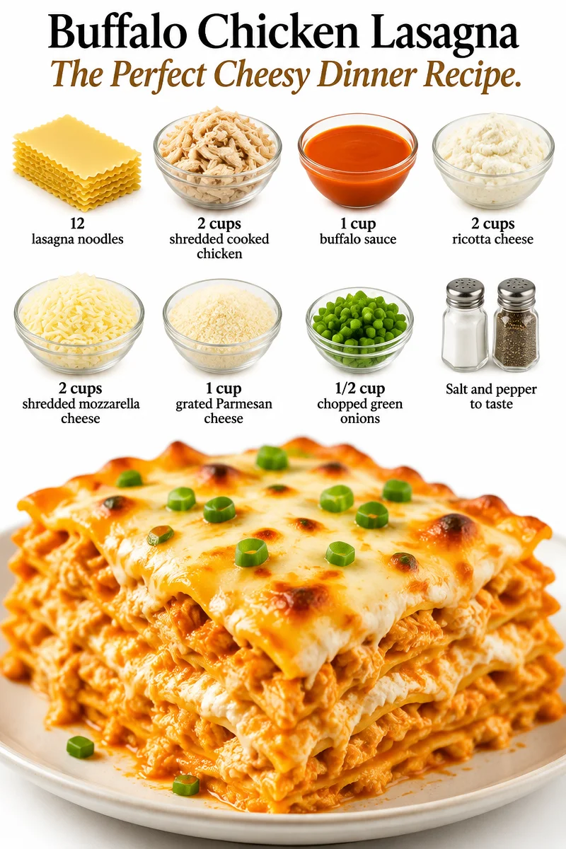 Delicious Buffalo Chicken Lasagna topped with cheese, garnished with green onions.