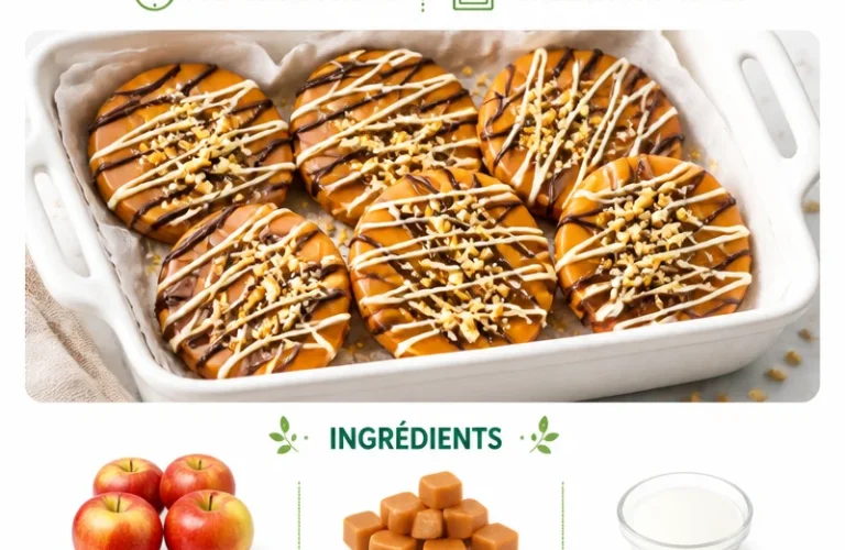 Delicious caramel apple slices drizzled with caramel sauce on a platter