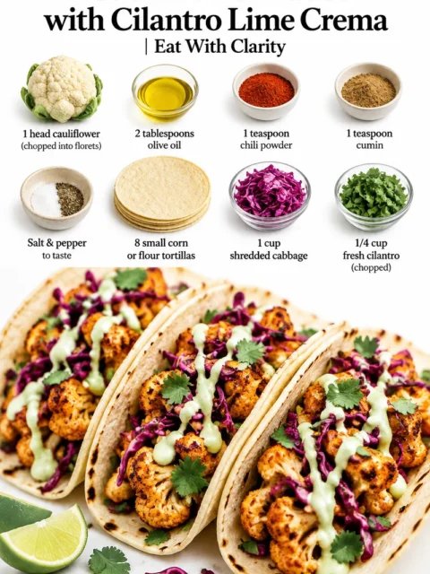 Cauliflower tacos topped with cilantro lime crema served on a plate