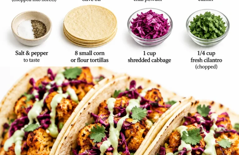Cauliflower tacos topped with cilantro lime crema served on a plate