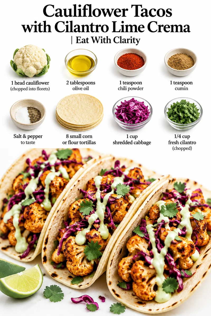 Cauliflower tacos topped with cilantro lime crema served on a plate
