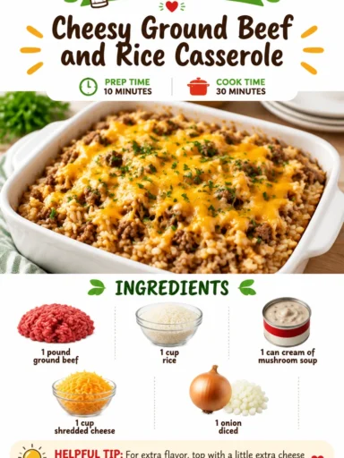 Cheesy ground beef and rice casserole dish topped with melted cheese