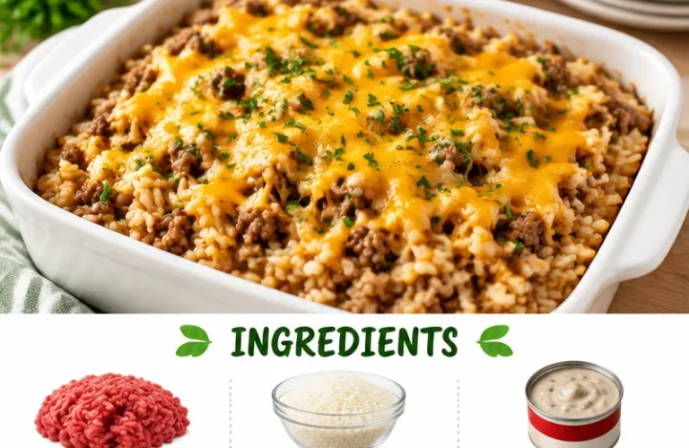 Cheesy ground beef and rice casserole dish topped with melted cheese