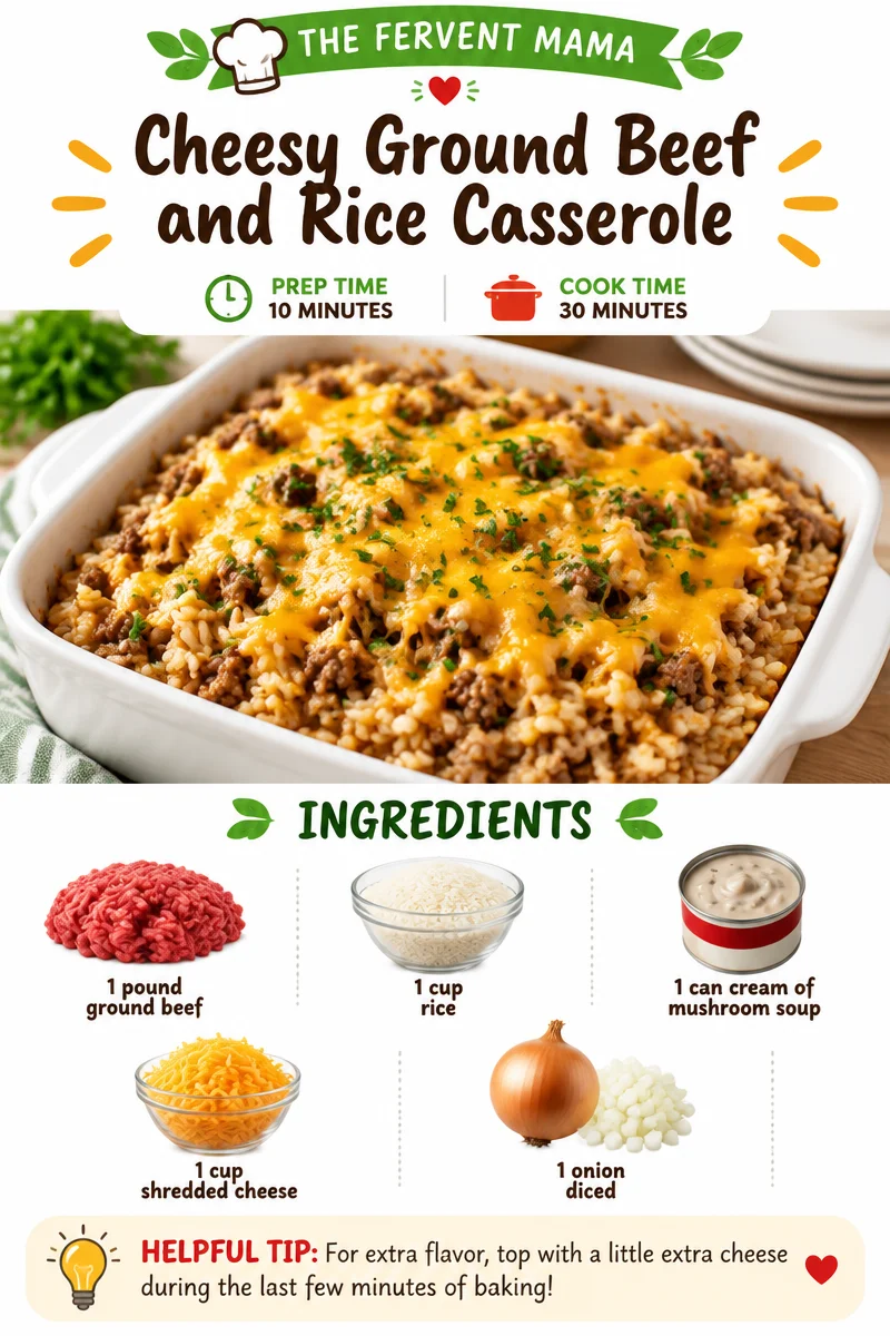 Cheesy ground beef and rice casserole dish topped with melted cheese