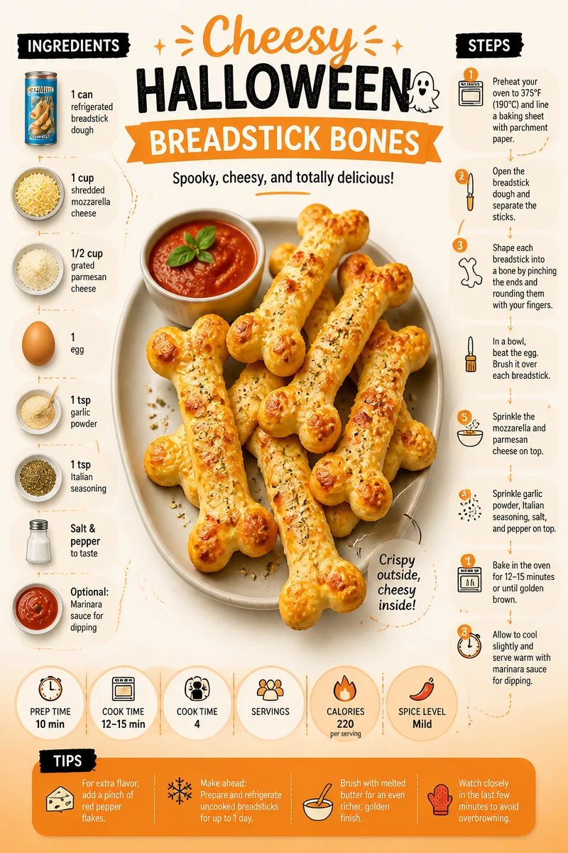 Cheesy Halloween breadstick bones on a spooky themed platter.