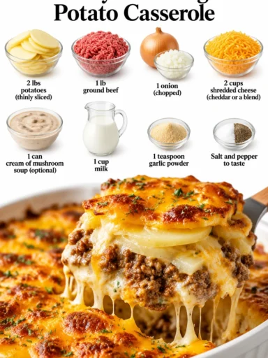Cheesy Hamburger Potato Casserole served in a baking dish