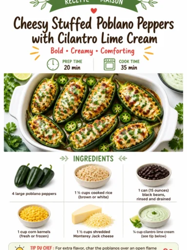 Cheesy Stuffed Poblano Peppers garnished with Cilantro Lime Cream