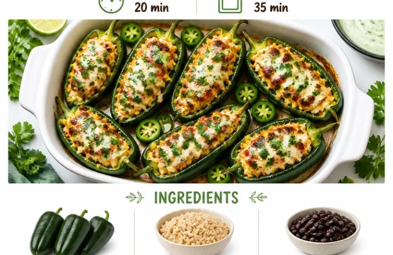 Cheesy Stuffed Poblano Peppers garnished with Cilantro Lime Cream