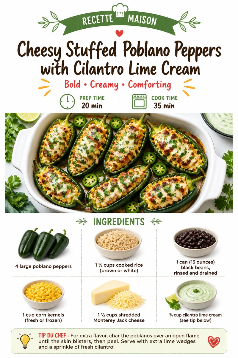 Cheesy Stuffed Poblano Peppers garnished with Cilantro Lime Cream