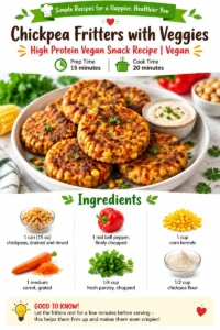 Chickpea fritters with veggies served on a plate as a high-protein vegan snack.