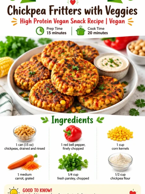 Chickpea fritters with veggies served on a plate as a high-protein vegan snack.