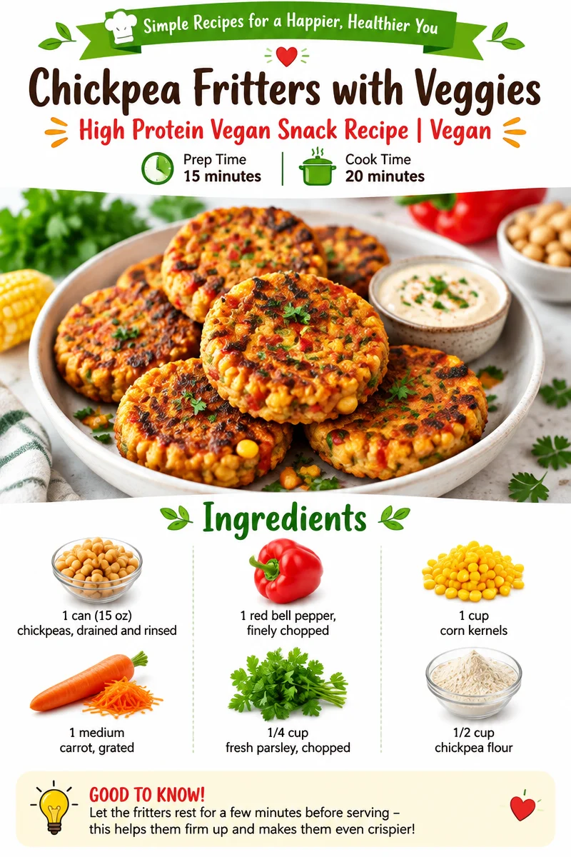 Chickpea fritters with veggies served on a plate as a high-protein vegan snack.