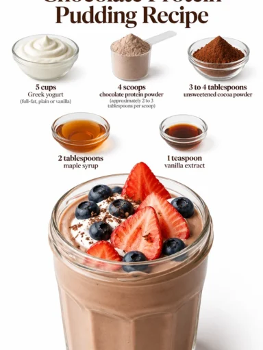 Delicious chocolate protein pudding in a bowl, topped with nuts and berries.