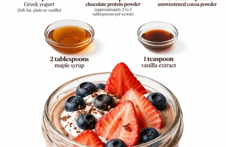 Delicious chocolate protein pudding in a bowl, topped with nuts and berries.