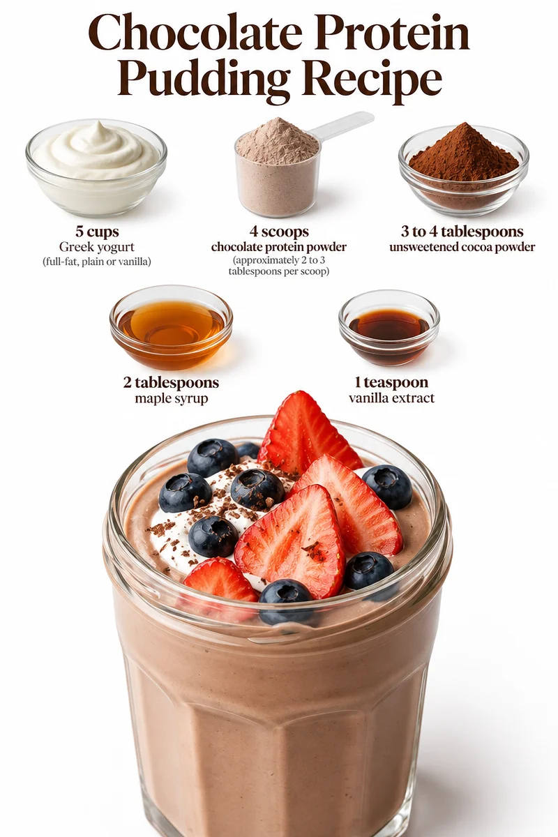Delicious chocolate protein pudding in a bowl, topped with nuts and berries.