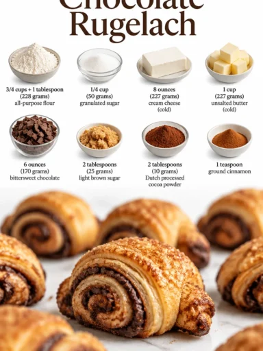 Freshly baked Chocolate Rugelach pastries on a wooden plate