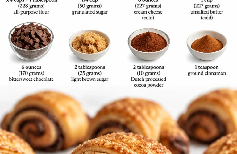 Freshly baked Chocolate Rugelach pastries on a wooden plate