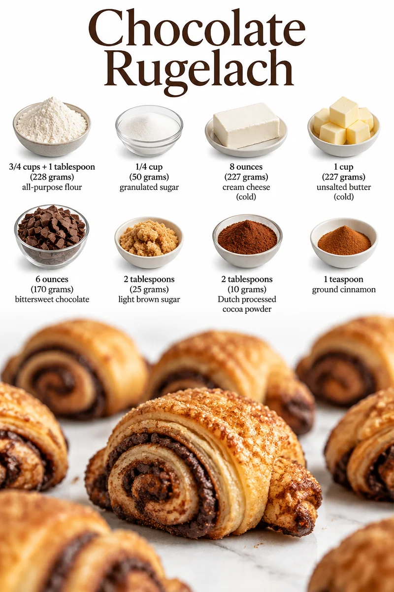 Freshly baked Chocolate Rugelach pastries on a wooden plate