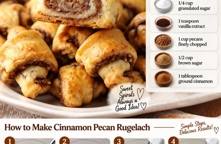 Delicious cinnamon pecan rugelach pastries on a baking tray