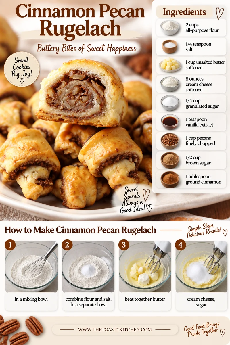 Delicious cinnamon pecan rugelach pastries on a baking tray