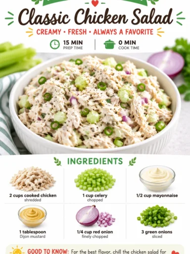A bowl of classic chicken salad with vegetables and herbs, ready to serve.