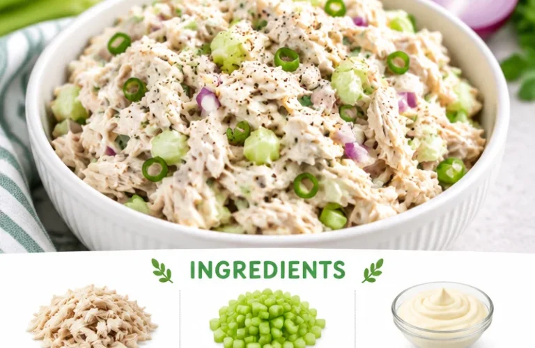 A bowl of classic chicken salad with vegetables and herbs, ready to serve.