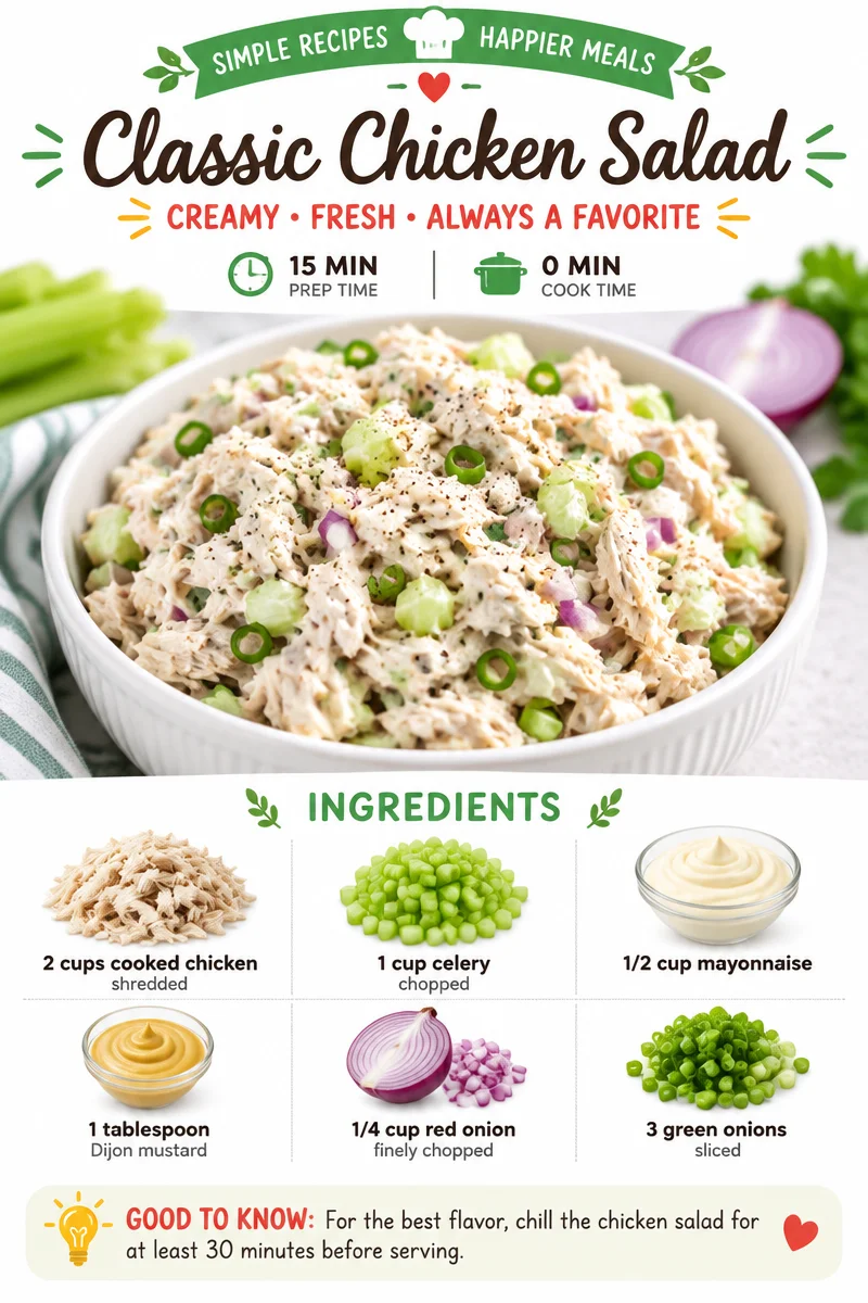 A bowl of classic chicken salad with vegetables and herbs, ready to serve.