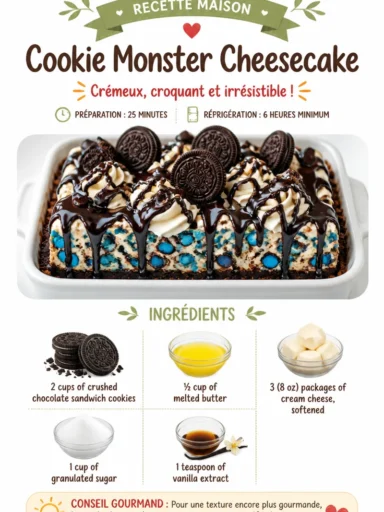 Delicious Cookie Monster Cheesecake topped with cookies and blue frosting