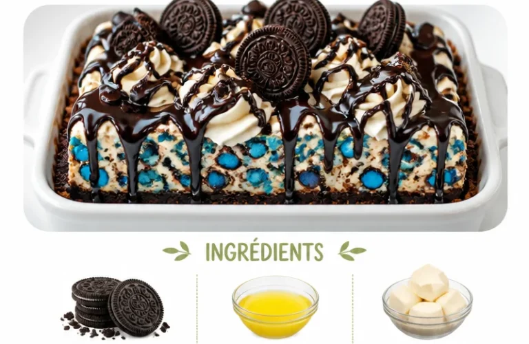 Delicious Cookie Monster Cheesecake topped with cookies and blue frosting