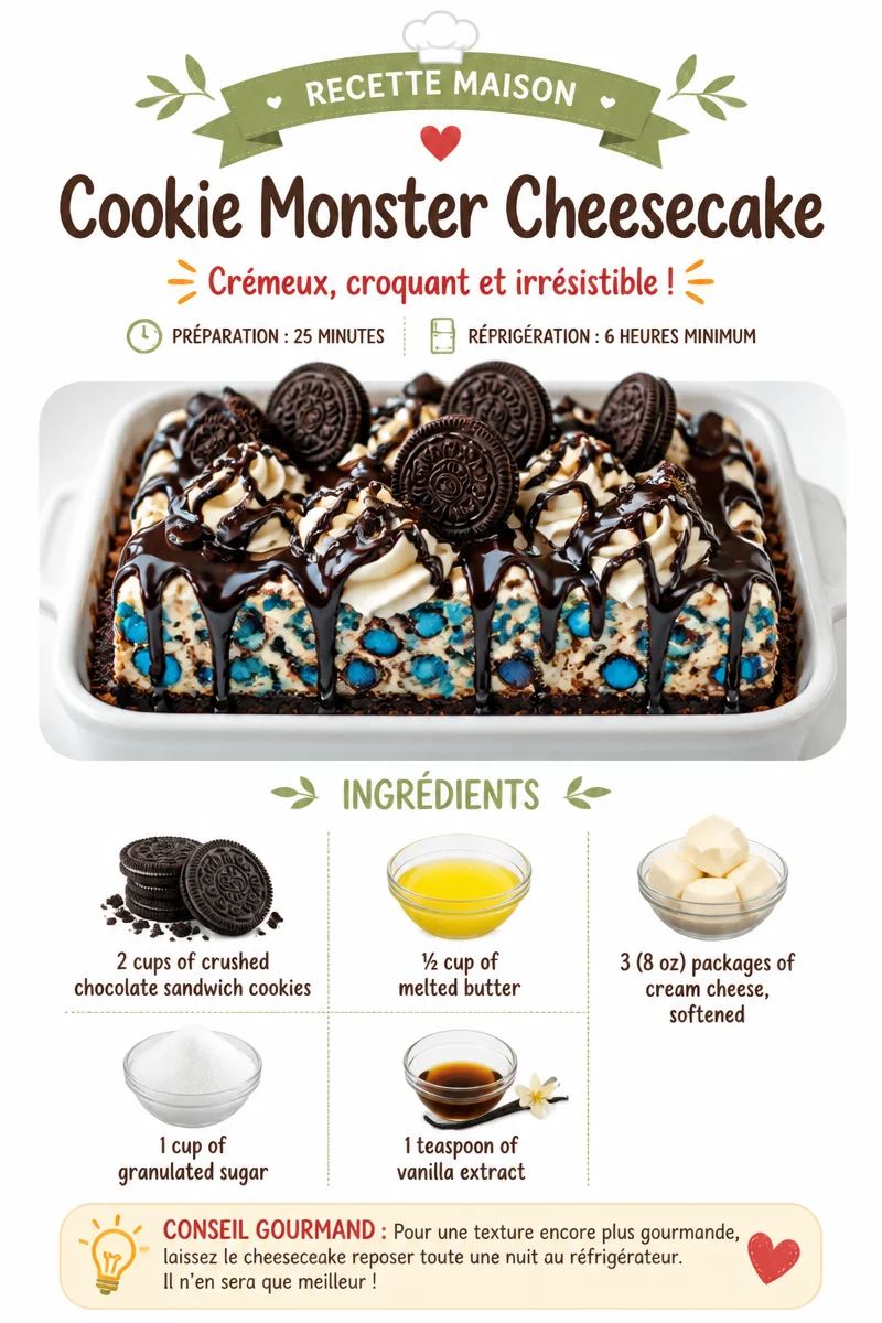 Delicious Cookie Monster Cheesecake topped with cookies and blue frosting