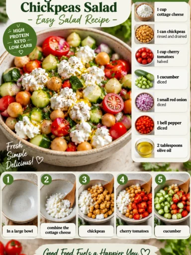 Cottage Cheese and Chickpeas Salad in a serving bowl, garnished with herbs.