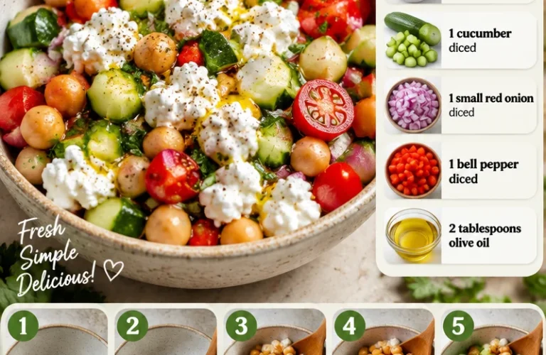 Cottage Cheese and Chickpeas Salad in a serving bowl, garnished with herbs.