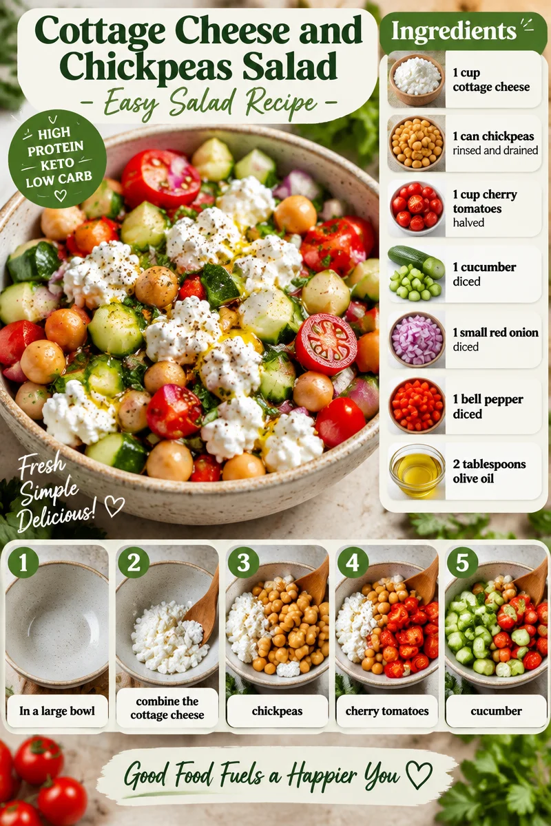Cottage Cheese and Chickpeas Salad in a serving bowl, garnished with herbs.