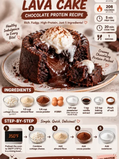 Delicious cottage cheese lava cake with chocolate protein filling and melted center