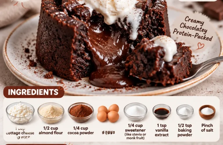 Delicious cottage cheese lava cake with chocolate protein filling and melted center