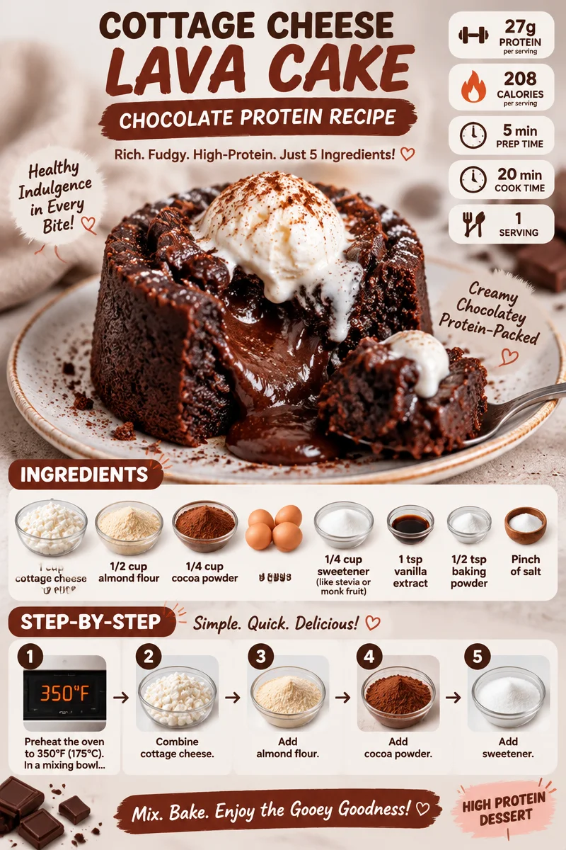 Delicious cottage cheese lava cake with chocolate protein filling and melted center