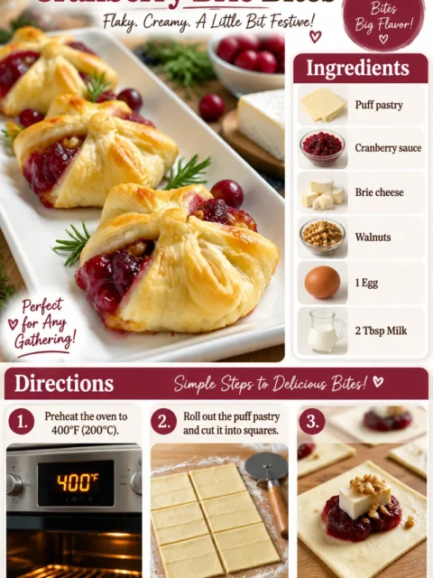 Plate of tasty Cranberry Brie Bites with cranberry sauce and melted cheese