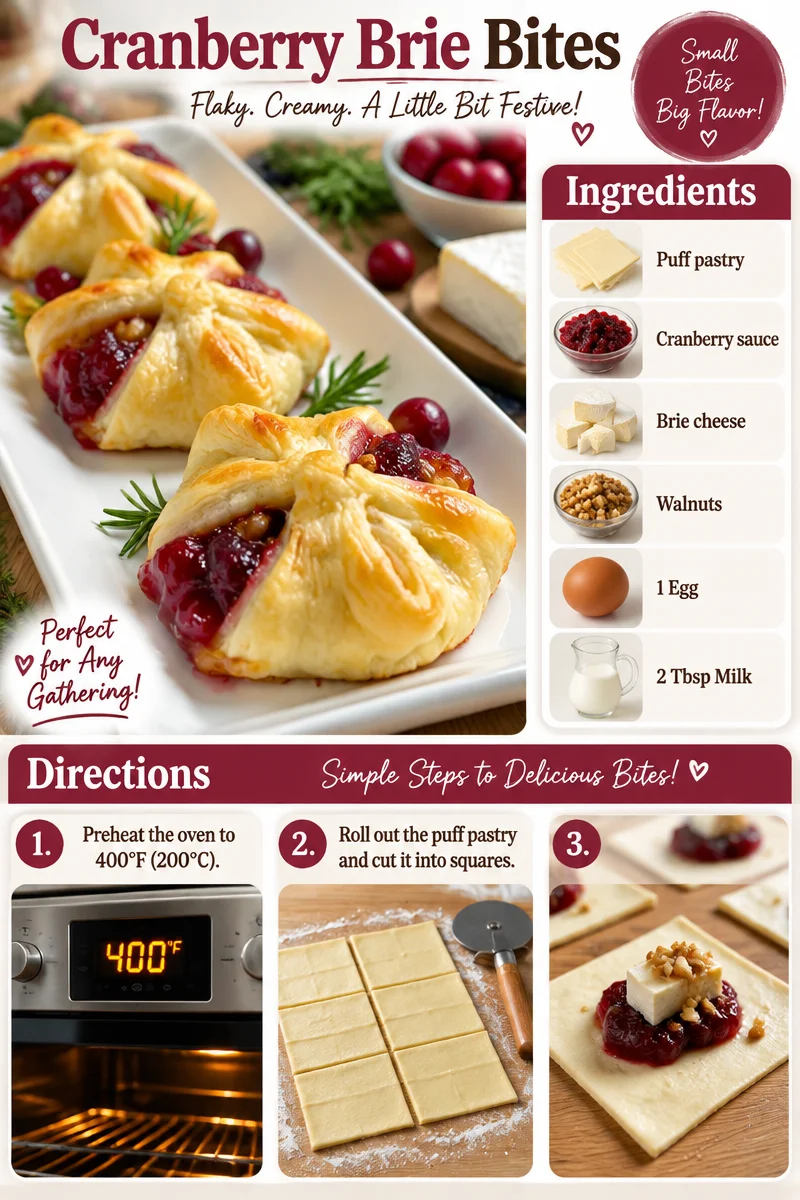 Plate of tasty Cranberry Brie Bites with cranberry sauce and melted cheese