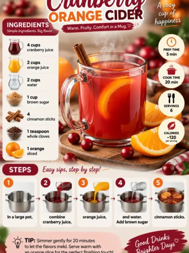 A glass of refreshing cranberry orange cider garnished with fresh cranberries and orange slices