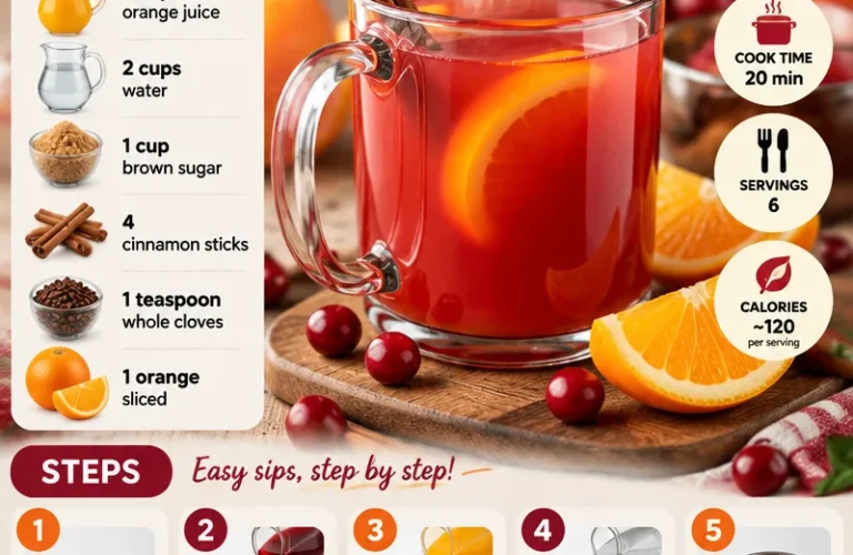 A glass of refreshing cranberry orange cider garnished with fresh cranberries and orange slices