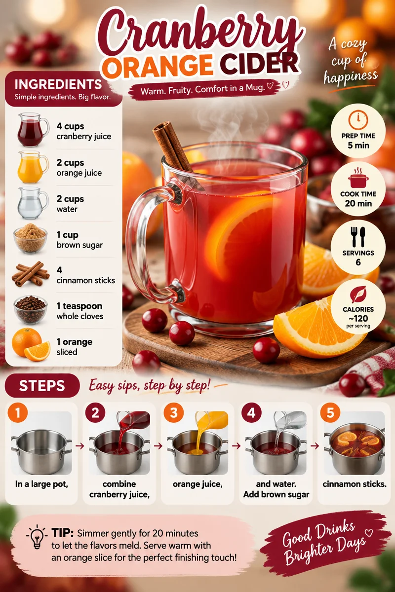 A glass of refreshing cranberry orange cider garnished with fresh cranberries and orange slices